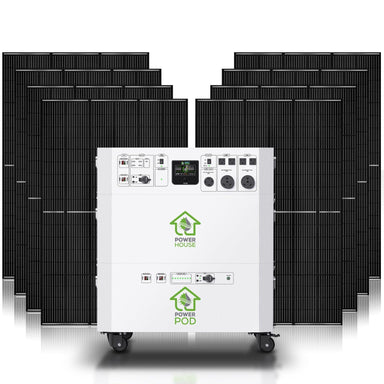 A Nature's Generator Power House Power Pod, a portable home battery backup with multiple power outlets and display screens, is shown in front of twelve black solar panels, offering reliable home energy solutions.