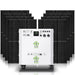 A Nature's Generator Power House Power Pod, a portable home battery backup with multiple power outlets and display screens, is shown in front of twelve black solar panels, offering reliable home energy solutions.