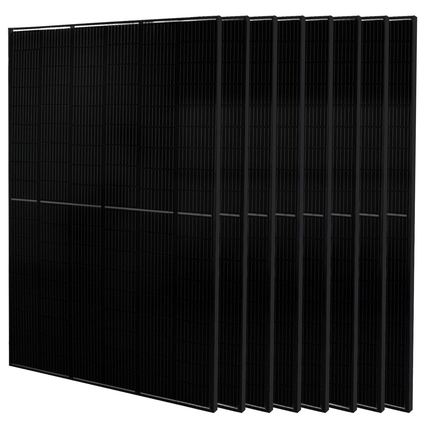 Eight black rectangular solar panels by Nature's Generator stand upright in a staggered row with a grid of photovoltaic cells—ideal for use with a home battery backup or electric generator. Background is plain white.