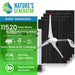 A promotional image for Nature's Generator, showcasing a whole house generator with solar panels and a wind turbine. Features: 11,520 peak watts, 5,760 running watts, solar/wind/AC charging, replaceable batteries—ideal home backup.
