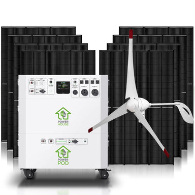 A Nature's Generator portable power unit—perfect for home use—stands before stacked solar panels and a white wind turbine. Its front displays the "Power House" and "Power Pod" logos.