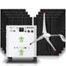 A Nature's Generator portable power unit—perfect for home use—stands before stacked solar panels and a white wind turbine. Its front displays the "Power House" and "Power Pod" logos.