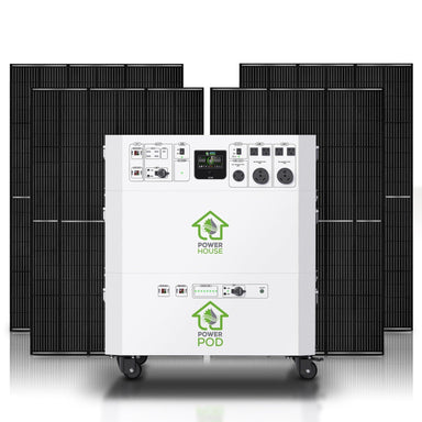 A white home battery backup unit by Nature’s Generator labeled "Power House" and "Power Pod," featuring multiple outlets and switches, is placed in front of several rows of black solar panels.