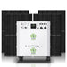 A white Nature's Generator portable power unit stands before large black solar panels, featuring outlets, dials, and digital screens—making it an ideal electric generator or reliable battery backup for your home.