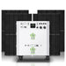 A white home battery backup unit by Nature’s Generator labeled "Power House" and "Power Pod," featuring multiple outlets and switches, is placed in front of several rows of black solar panels.