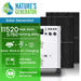 Promotional image for Nature's Generator features three solar panels, the generator unit, and icons highlighting 11,520 peak watts, 5,760 running watts, expandability, and home battery backup capabilities.
