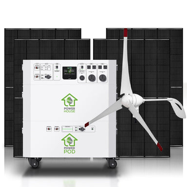 Nature's Generator features a portable power station with two stacked white units labeled "Power House" and "Power Pod," four outlets, digital displays, wind turbine, and black solar panels—ideal for home battery backup.