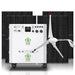 Nature's Generator portable solar and wind hybrid generator features a white, wheeled "Power House" and "Power Pod" unit with a front wind turbine for whole house backup, positioned before solar panels.