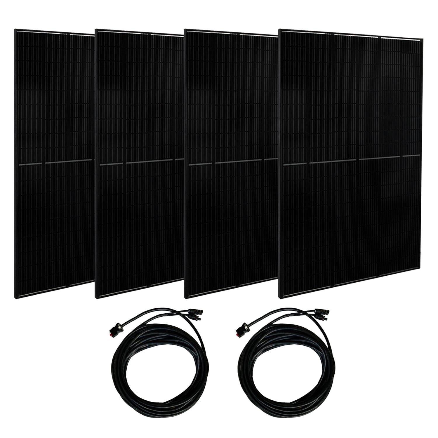 Four black Nature's Generator solar panels stand upright in a row, perfect for pairing with a home battery backup or electric generator. In front, two coiled black cables with connectors are neatly arranged on a plain white background.