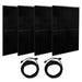 Four black Nature's Generator solar panels stand upright in a row, perfect for pairing with a home battery backup or electric generator. In front, two coiled black cables with connectors are neatly arranged on a plain white background.