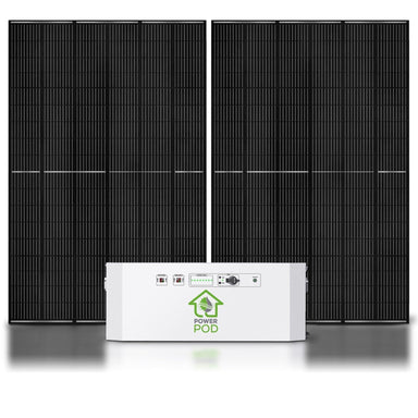 Two large black Nature's Generator solar panels stand upright behind a white rectangular Power Pod by Nature's Generator, which displays ports and controls on its front panel.