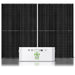 Two large black Nature's Generator solar panels stand upright behind a white rectangular Power Pod by Nature's Generator, which displays ports and controls on its front panel.