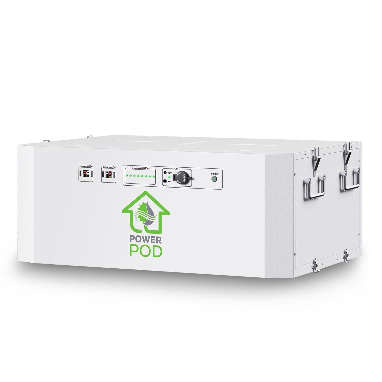 A white rectangular electronic device labeled "POWER POD" from Nature's Generator, designed to work with the Powerhouse, featuring front-panel controls, indicator lights, a dial, and two metal handles on the right side.