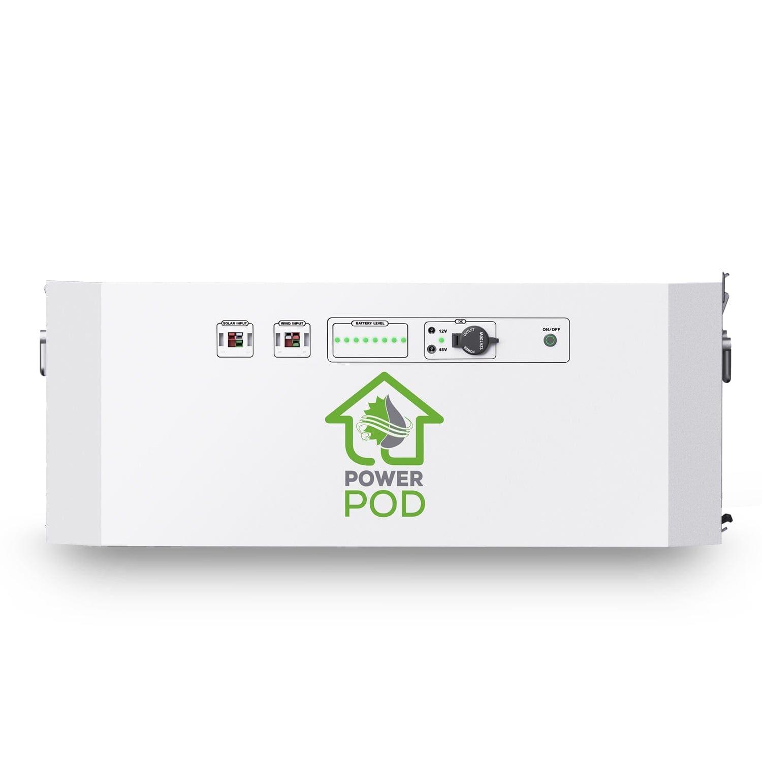 A white rectangular Nature's Generator POWER POD with control switches, indicator lights, and charging ports on the front panel is the perfect power add-on bundle to expand your Powerhouse system with solar panels.