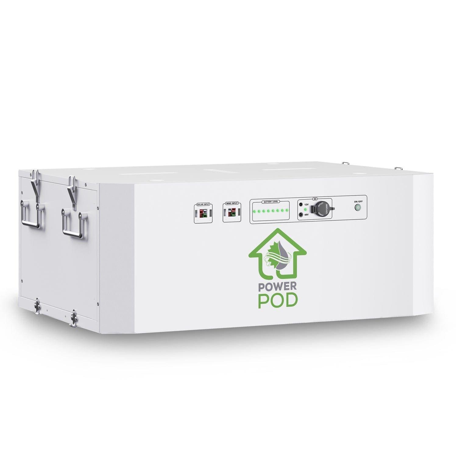 A rectangular white Nature's Generator Power Pod with control switches, ports, indicators, and a green house-and-leaf logo on the front panel, designed for seamless integration with Nature's Generator Powerhouse solar panels.