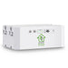A rectangular white Nature's Generator Power Pod with control switches, ports, indicators, and a green house-and-leaf logo on the front panel, designed for seamless integration with Nature's Generator Powerhouse solar panels.