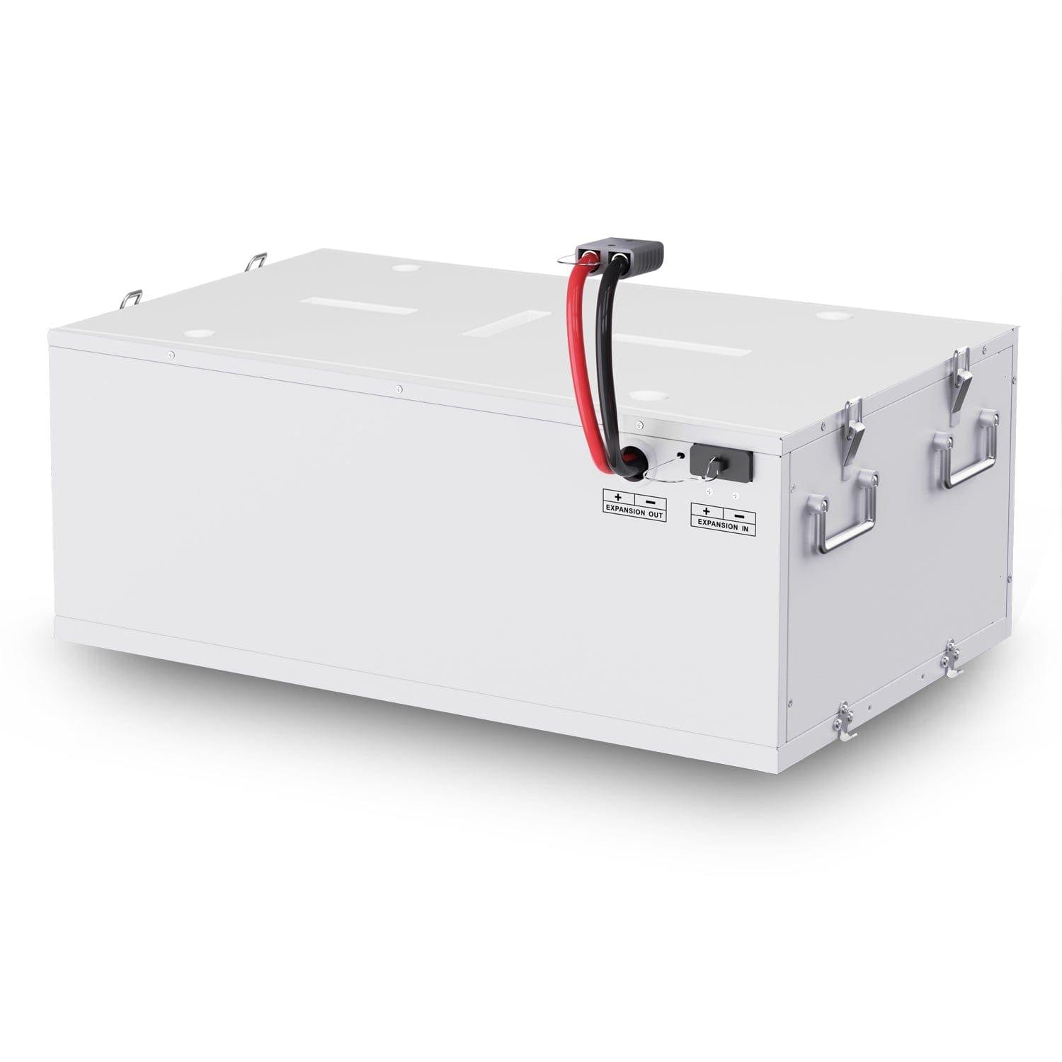 The Nature’s Generator rectangular white metal battery unit features two side handles, a top handle, front red and black connectors, labeled ports and switches—ideal as a power add-on for your Nature’s Generator Powerhouse. Shown on a white background.