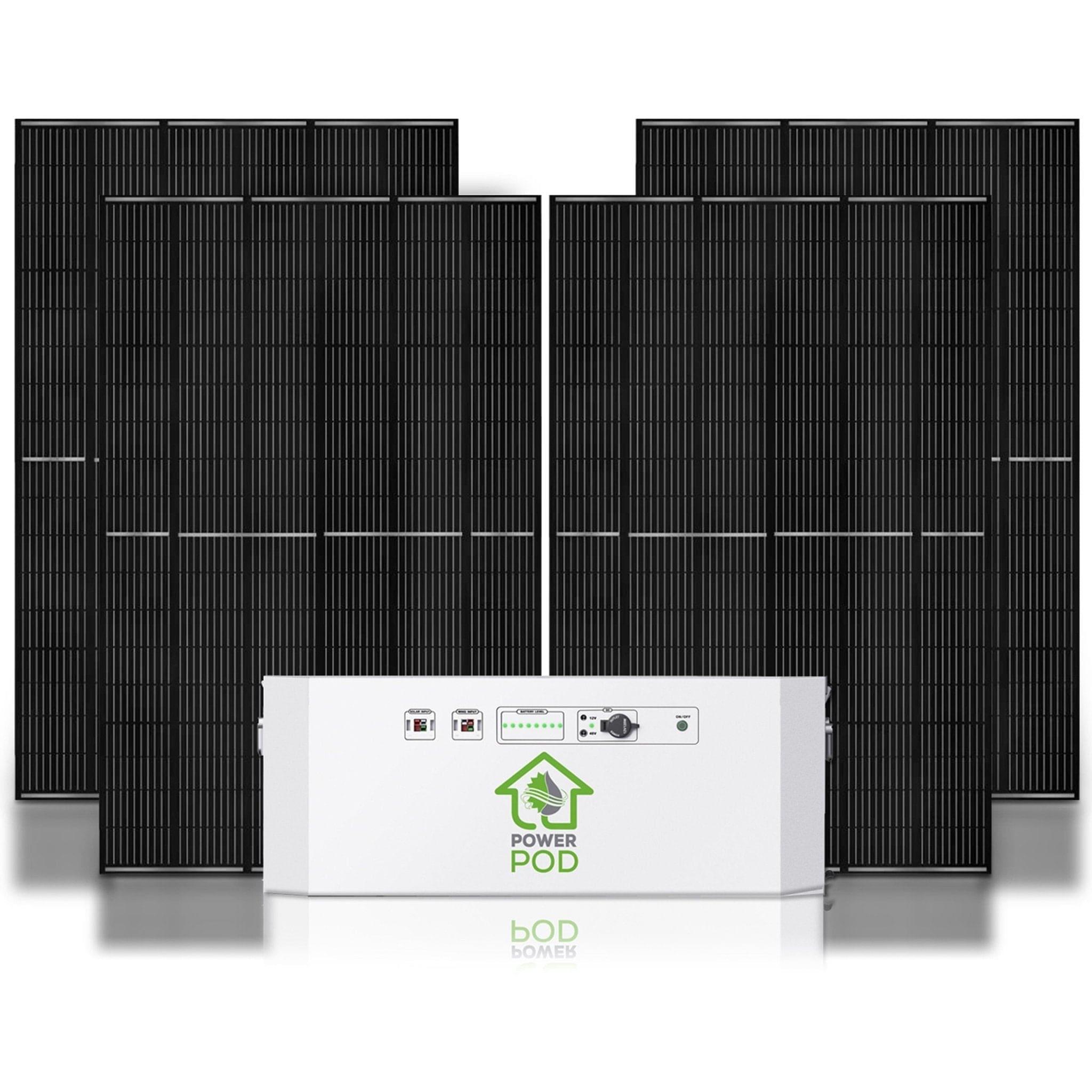 Four black solar panels from the Nature's Generator bundle stand upright behind a rectangular white battery unit labeled "Power Pod" by Nature's Generator, featuring multiple ports, buttons, and indicator lights on its front.