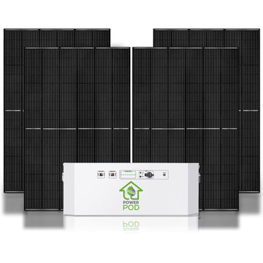 Four black solar panels from the Nature's Generator bundle stand upright behind a rectangular white battery unit labeled "Power Pod" by Nature's Generator, featuring multiple ports, buttons, and indicator lights on its front.