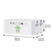 The Nature's Generator Power Pod is a white, rectangular home battery backup featuring multiple front ports, indicator lights, and switches. Its dimensions are 28.3 in (720 mm) wide, 18.3 in (466 mm) deep, and 11.1 in (281 mm) high.