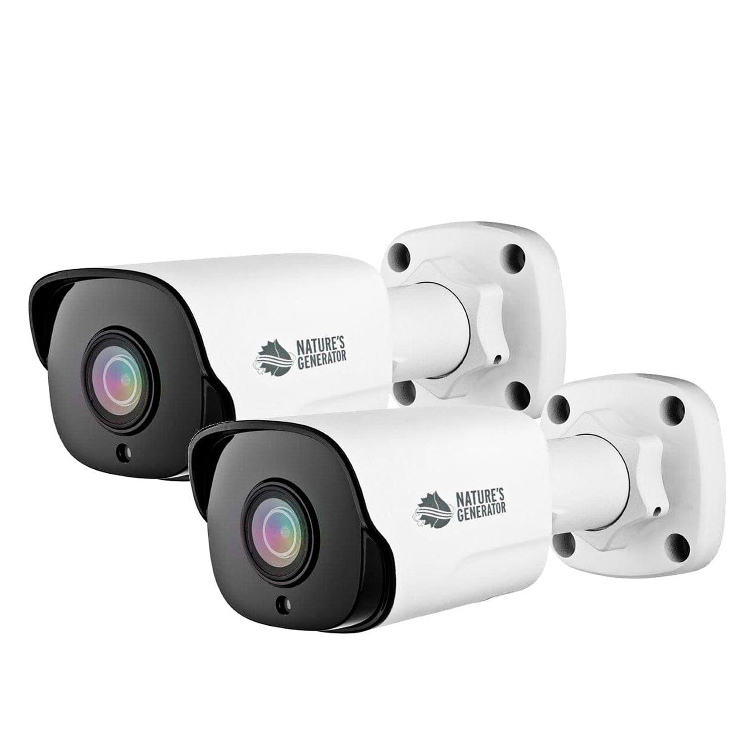 Two white Nature's Generator home security cameras are mounted on white wall brackets, angled left. With black front panels and multi-colored lenses, these 5MP wide-angle cameras feature advanced AI detection.