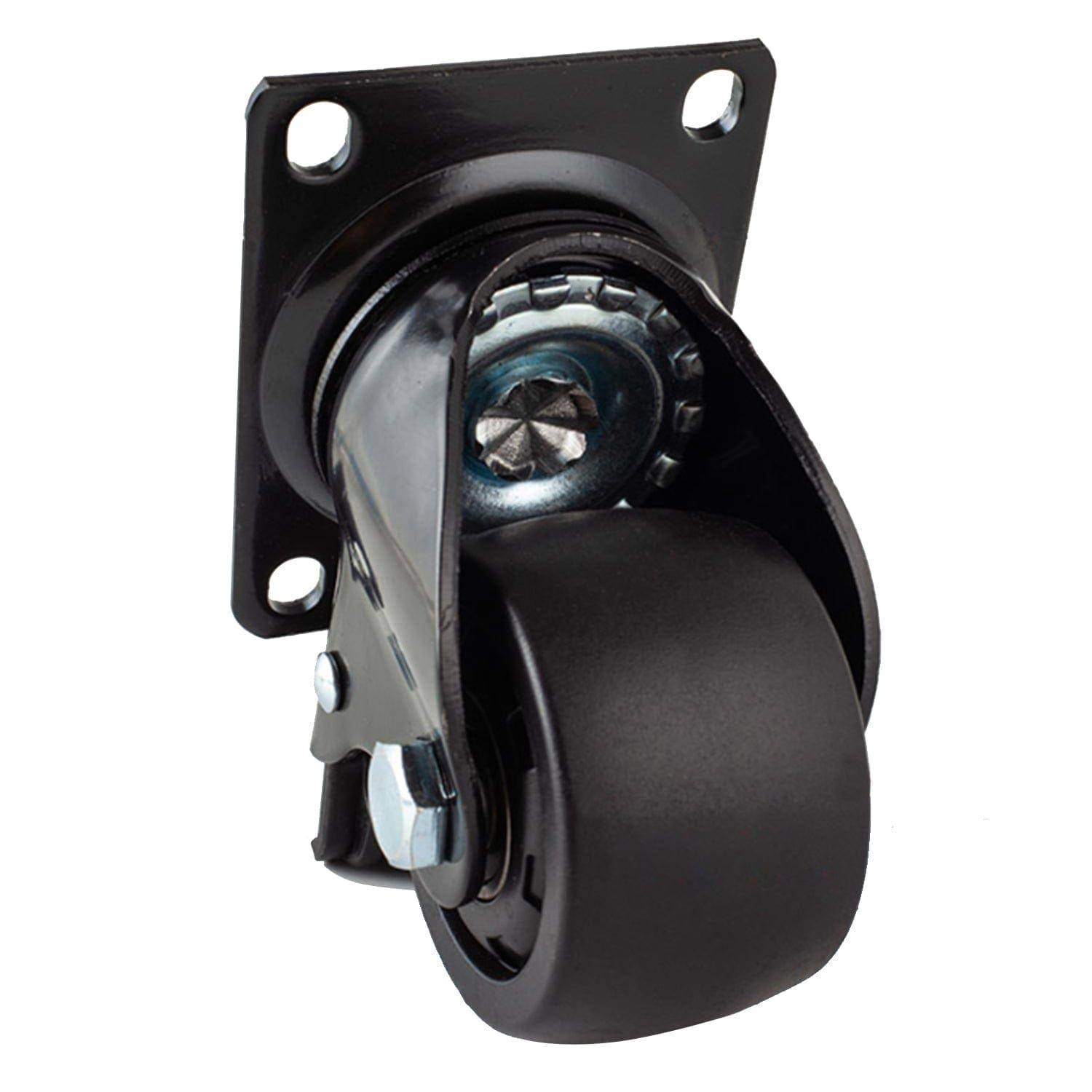 A black swivel caster wheel by Nature's Generator with a mounting plate and four screw holes, designed for easy attachment to furniture, equipment, or the Powerhouse generator for improved mobility.