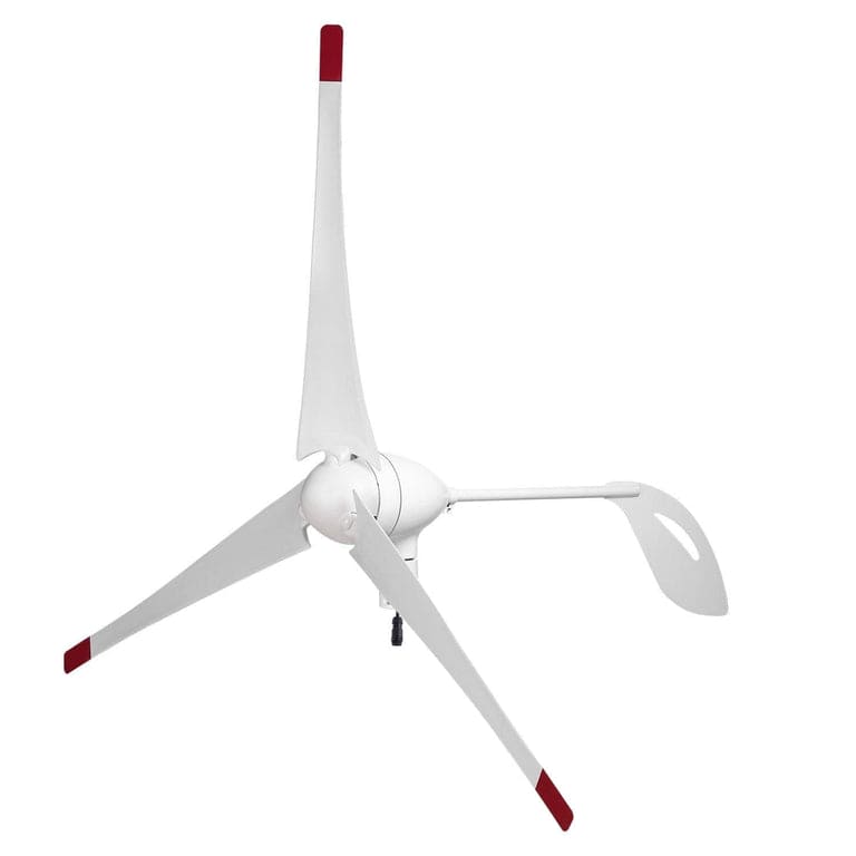 A Nature's Generator white wind turbine rotor with three long blades and red tips is shown against a plain white background, featuring a rounded opening near one blade’s end—perfect for off-grid energy or whole home power systems.