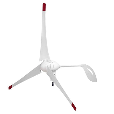 A white three-bladed wind turbine rotor with red tips and a tail fin, featuring a visible central hub and mounting hardware. Designed for efficient wind power generation with Nature's Generator systems. Brand: Nature's Generator.