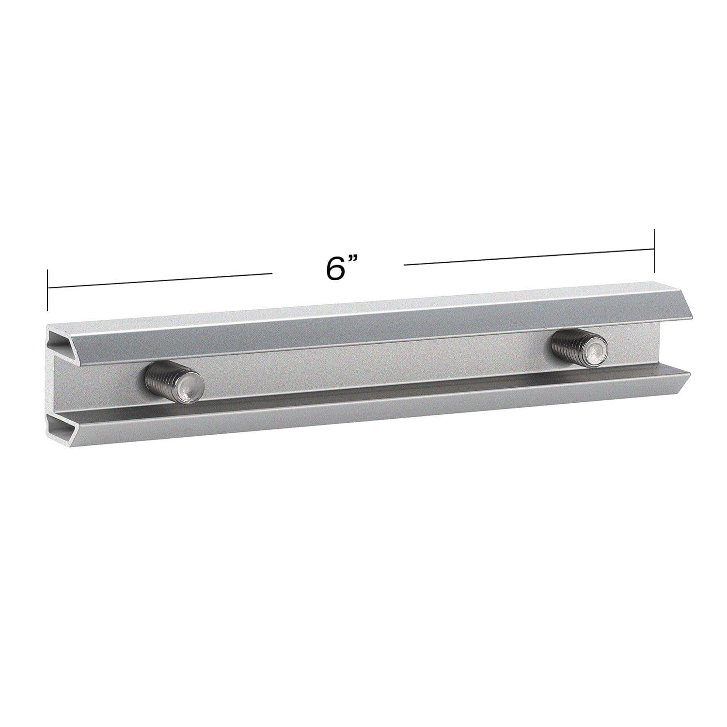 A 6-inch silver aluminum alloy connector bar with channels and two bolts by Nature's Generator, designed for solar mounting kits, displayed on a plain white background.