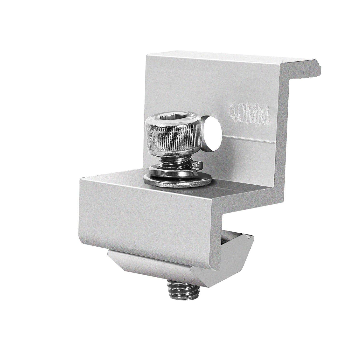 The Nature's Generator silver aluminum alloy bracket features a durable right-angle design, 40MM marking, and screw/bolt assembly. Perfect as a solar panel mount for securing panels or other structural parts.