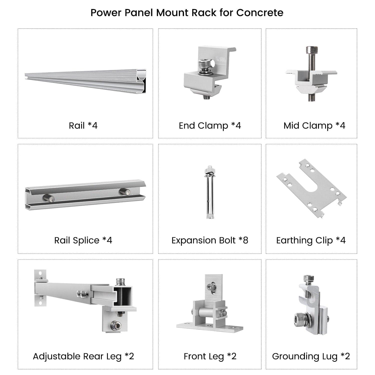 Nature's Generator aluminum alloy solar panel mount kit for concrete includes rails, end and mid clamps, rail splices, expansion bolts, earthing clips, adjustable rear legs, front legs, and grounding lugs arranged in a grid.