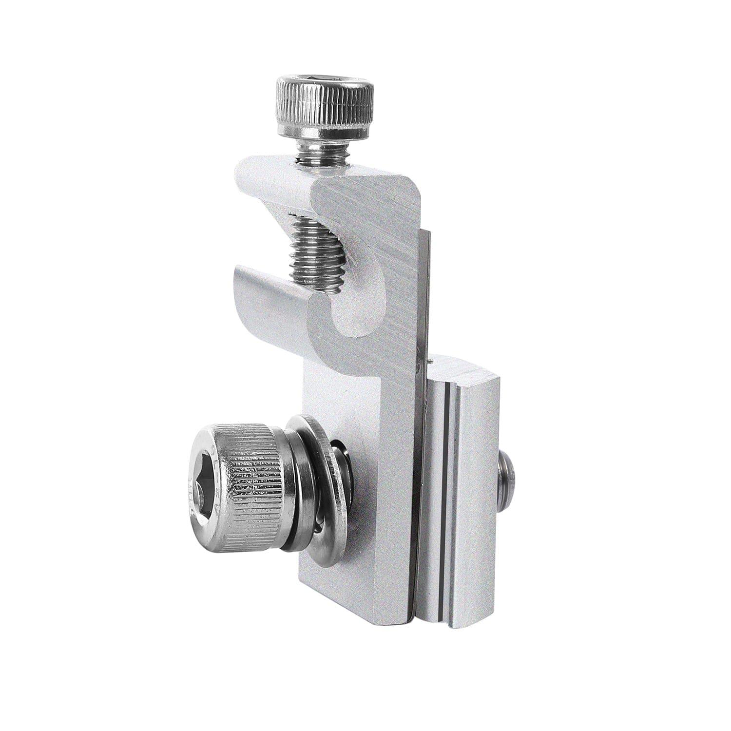 A close-up of a silver aluminum alloy clamp by Nature's Generator, featuring knurled adjustment screws and a grooved section, designed for securing or mounting objects in a solar panel mount or solar mounting kit.