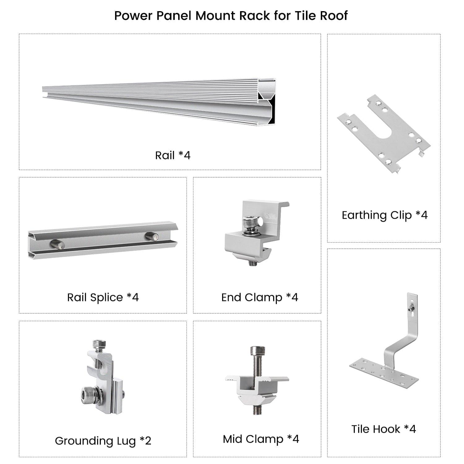 A labeled diagram shows components of Nature's Generator solar mounting kit for tile roofs: 4 rails, 4 earthing clips, 4 rail splices, 4 end clamps, 2 grounding lugs, 4 mid clamps, and 4 tile hooks.