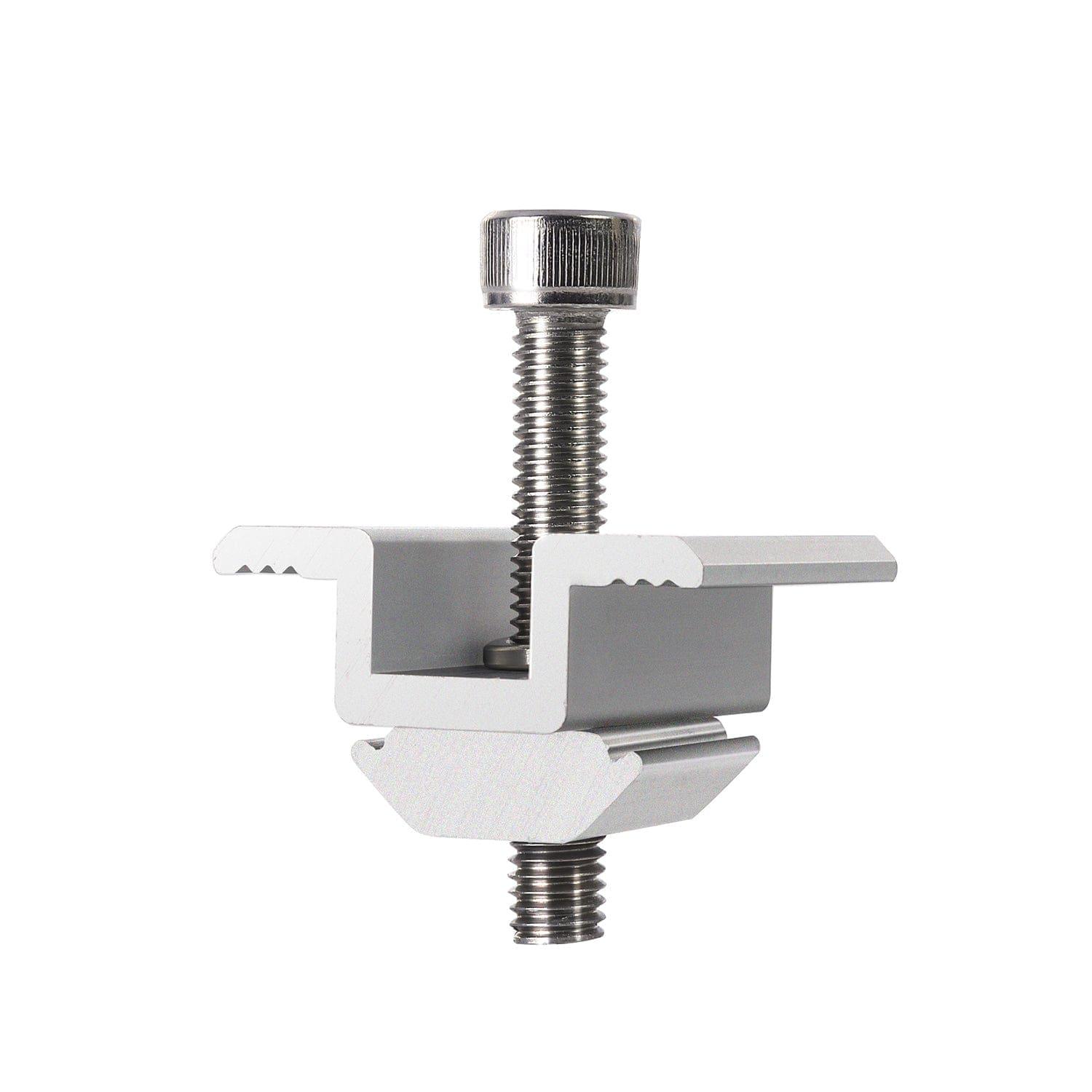 A Nature's Generator silver aluminum alloy clamp, commonly used in solar panel mounts or mounting kits, has a U-shaped body with serrated edges and a vertical threaded bolt, all shown against a white background.