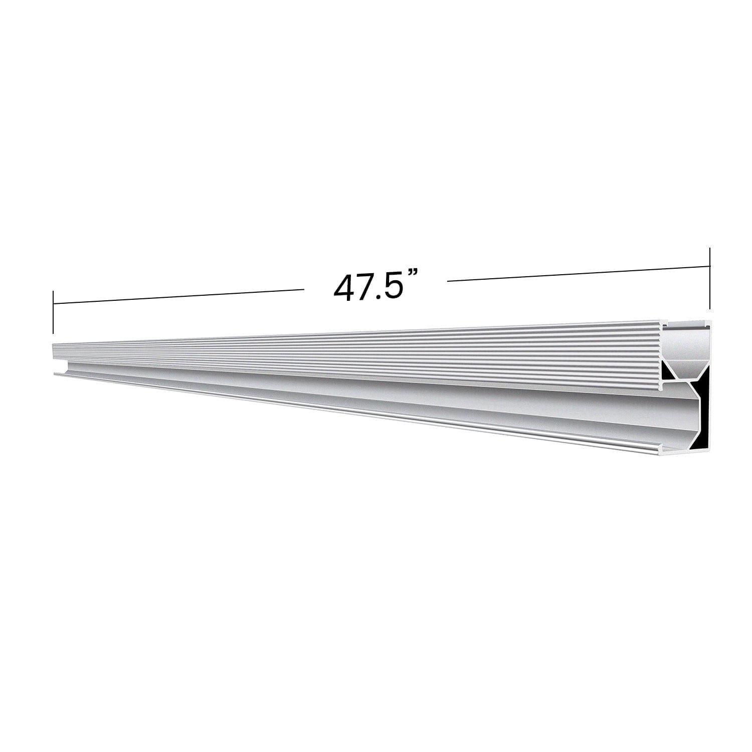 A Nature's Generator horizontal aluminum alloy rail for solar panel mounting is shown against a white background with measurement markers, measuring 47.5 inches in length.