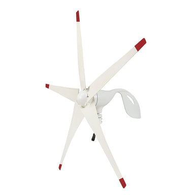 A Nature's Generator wind turbine, featuring five red-tipped blades and a curved support bracket, stands against a white background, highlighting renewable energy innovation from Nature's Generator.