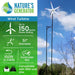 A white Nature’s Generator Wind Turbine from Nature’s Generator stands on a black pole against a blue sky. It offers 150W power, 51" diameter, 100 ft UL cable, controller box, and works with Nature’s Generator 1800 & Elite—ideal for renewable energy.