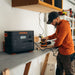 A person in a cap and orange hoodie operates a power tool connected to a high-capacity Jackery black and orange portable power station, set up on a workbench in a garage or workshop. Shelves filled with various items are visible in the background, showcasing the efficient and versatile setup.