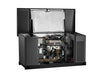 A large Briggs & Stratton commercial standby generator with its top cover lifted reveals the engine, wiring, filters, and metal parts inside. The dark code-compliant exterior casing features visible insulation in the raised top cover.