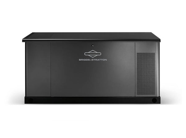A black Briggs & Stratton commercial standby generator, 30kW, with a flat top and vented right panel is shown on a white background. The central logo is visible, providing code-compliant backup power for your needs.