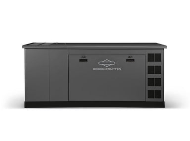The Briggs & Stratton 60kW gray standby generator has a flat top, front access panel, right-side ventilation grills, and a centered logo on the main door—perfect for commercial use.