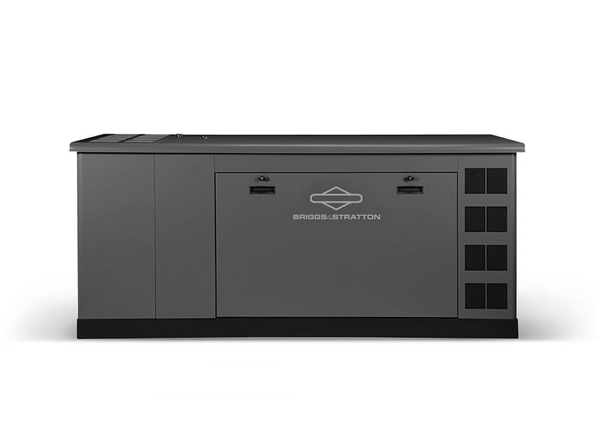 The Briggs & Stratton 60kW gray standby generator has a flat top, front access panel, right-side ventilation grills, and a centered logo on the main door—perfect for commercial use.