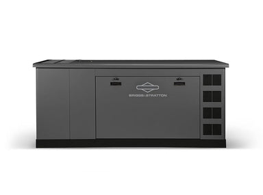 The Briggs & Stratton 48kW commercial standby generator features a dark gray, rectangular design, front panel doors, right-side ventilation grilles, and a centered logo on the front for reliable backup power.