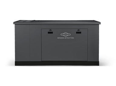 A large, rectangular Briggs & Stratton standby generator with a dark gray finish, flat top, front panel, and center logo delivers automatic code-compliant backup power; pictured on a white background.