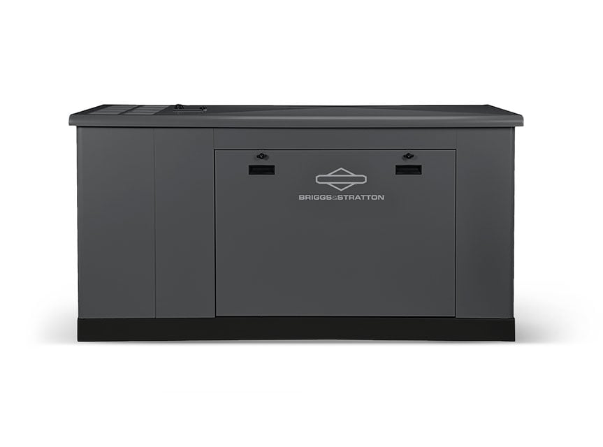 A large, rectangular Briggs & Stratton standby generator with a dark gray finish, flat top, front panel, and center logo delivers automatic code-compliant backup power; pictured on a white background.