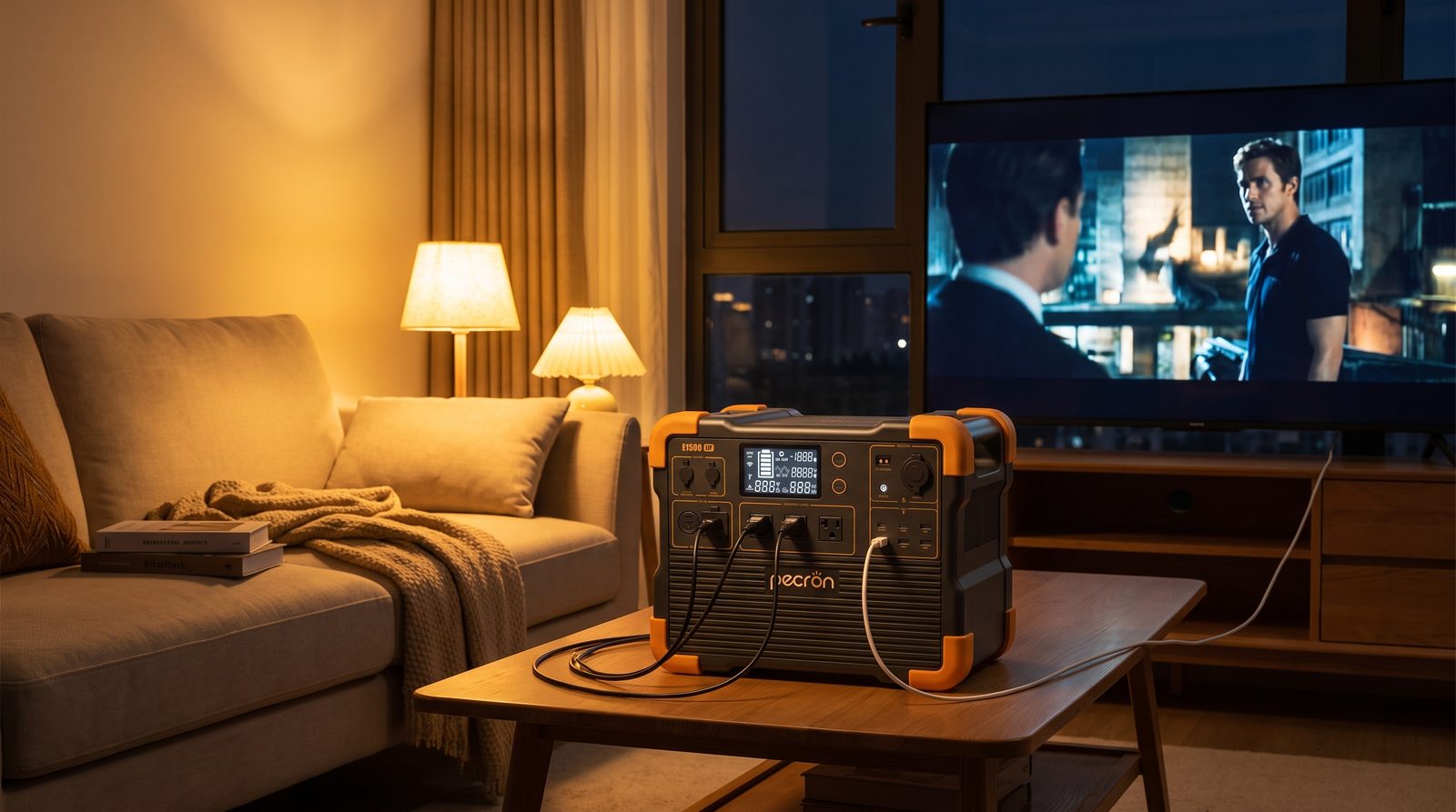 Pecron E1500LFP portable power station powering a TV and lamps during an outage