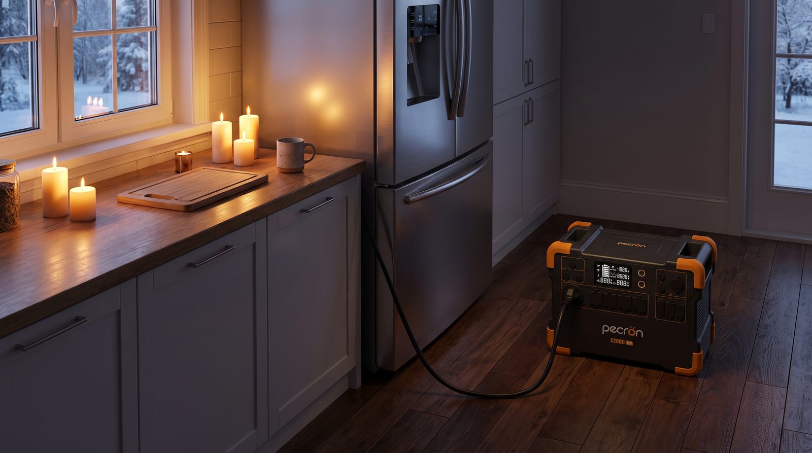 Pecron E2000LFP portable power station running a refrigerator during a winter outage