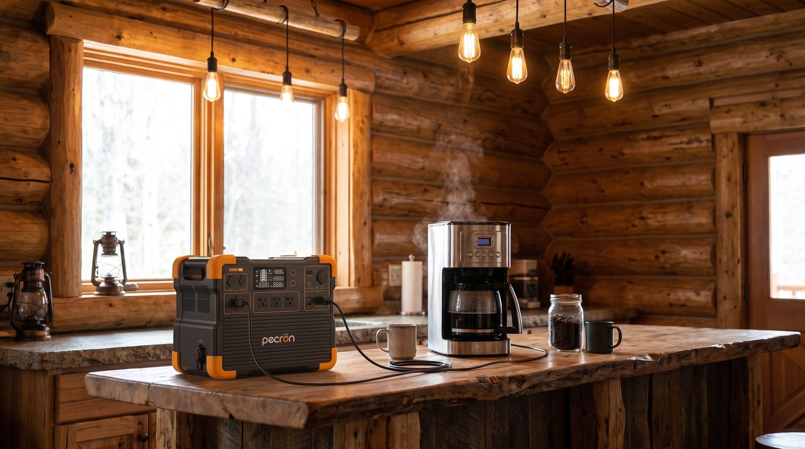 Pecron E2400LFP portable power station powering an off-grid cabin