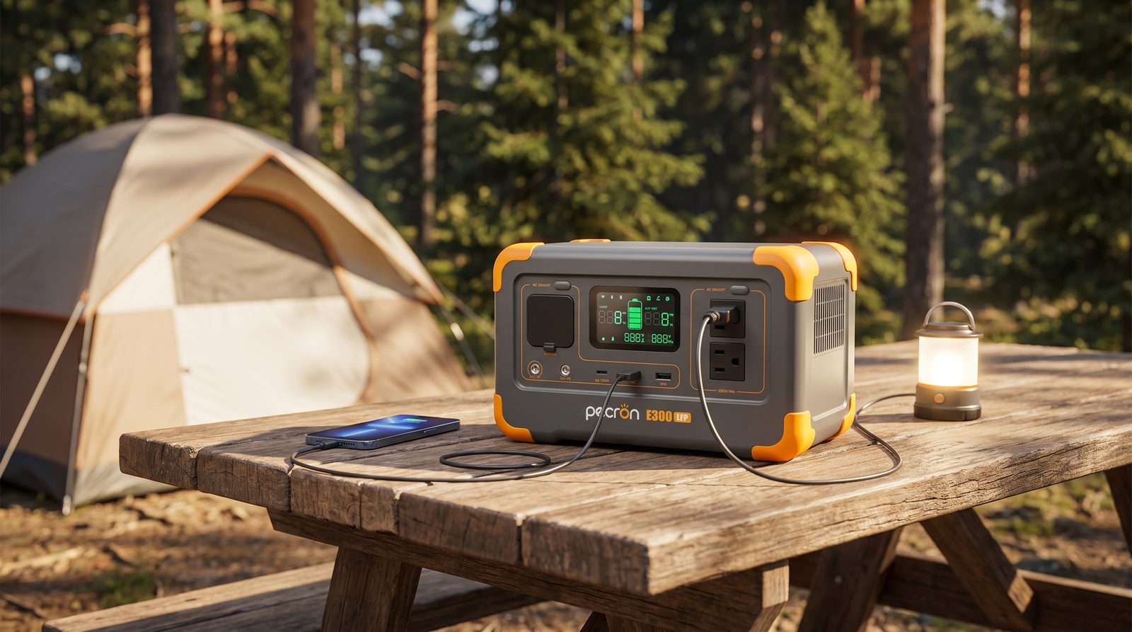 Pecron E300LFP portable power station charging devices at a campsite