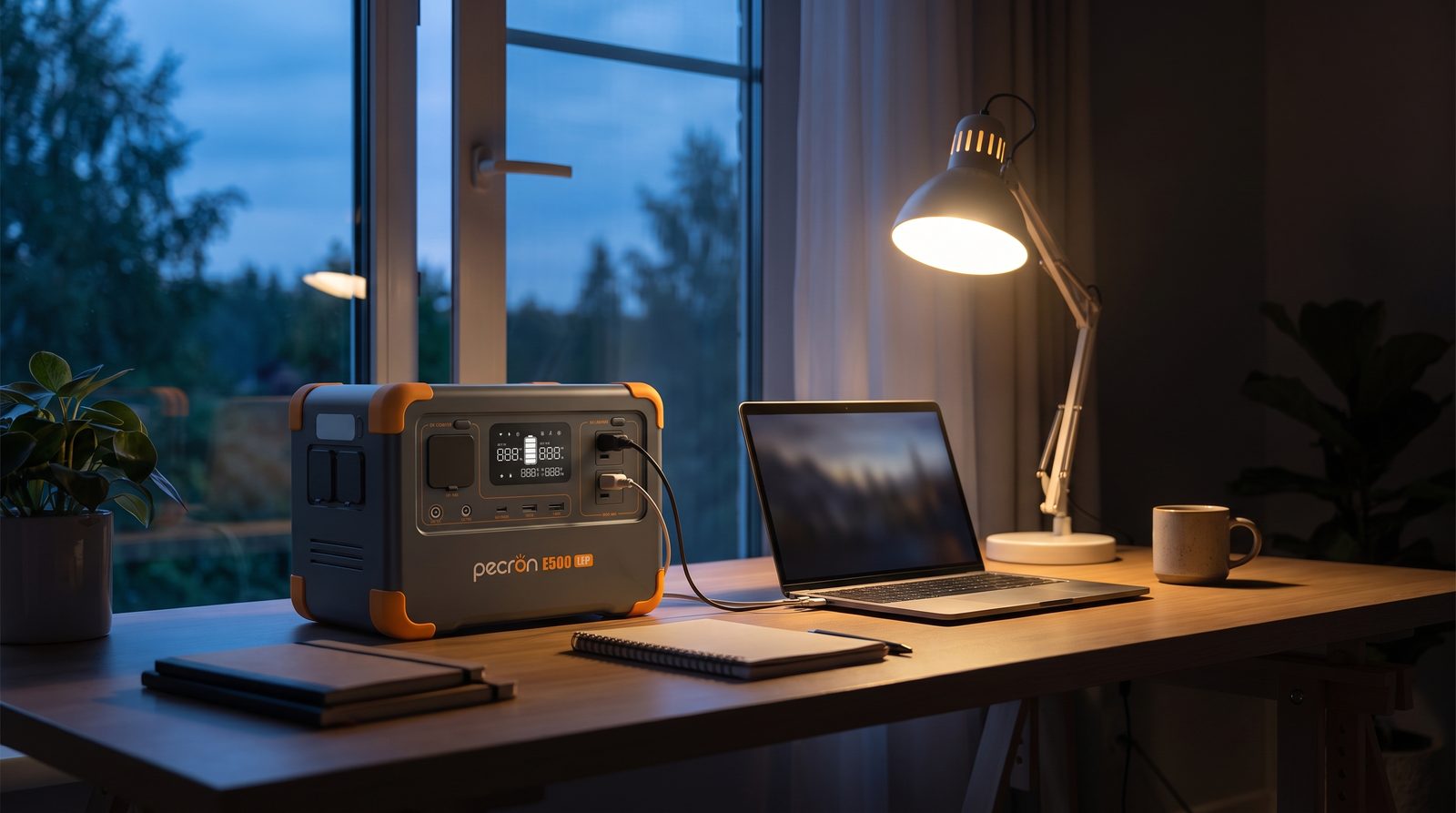 Pecron E500LFP portable power station powering a laptop during a home power outage